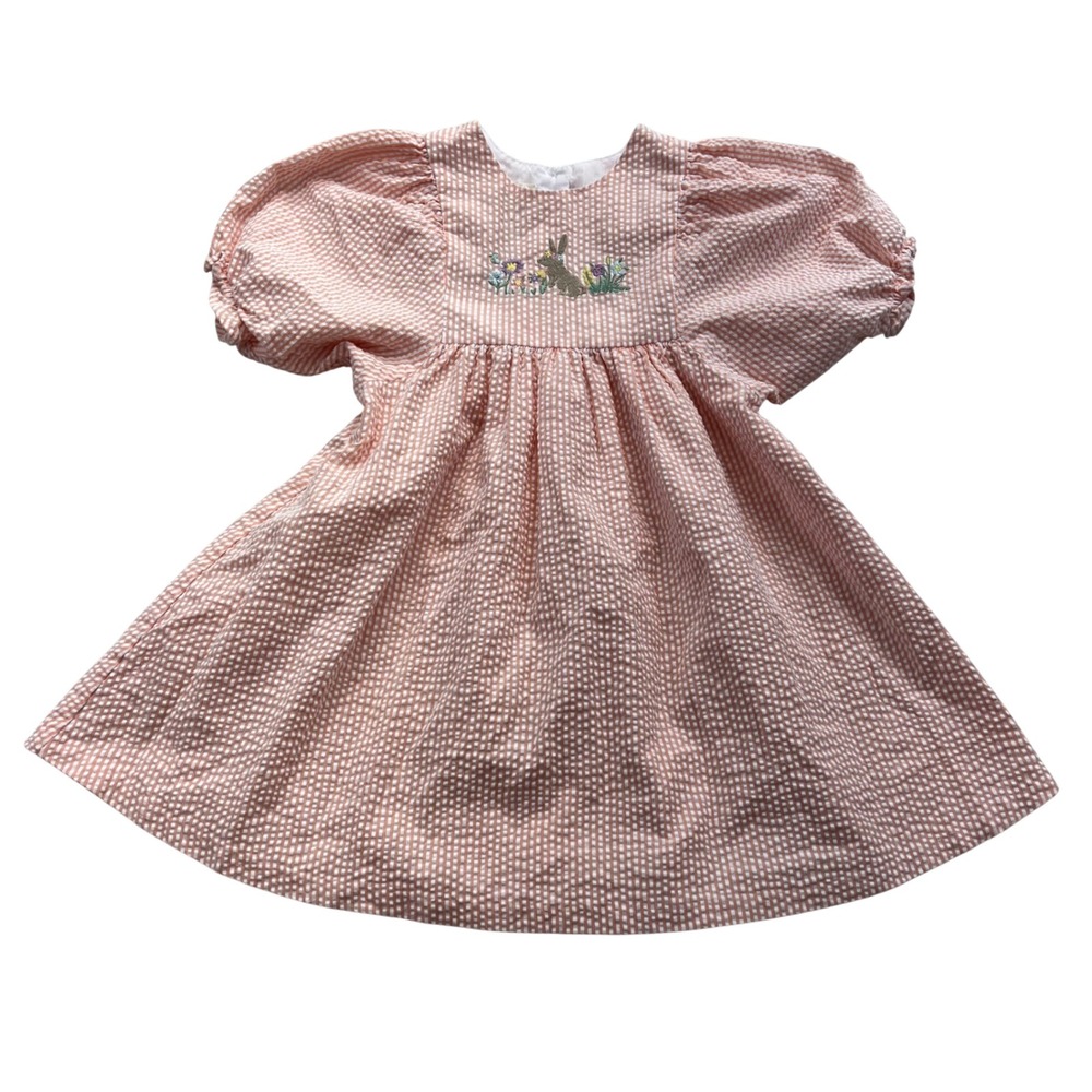 Tullabee Gingham Seersucker Dress Toddler 4T Pink Bunny Embroidery Puff Sleeve